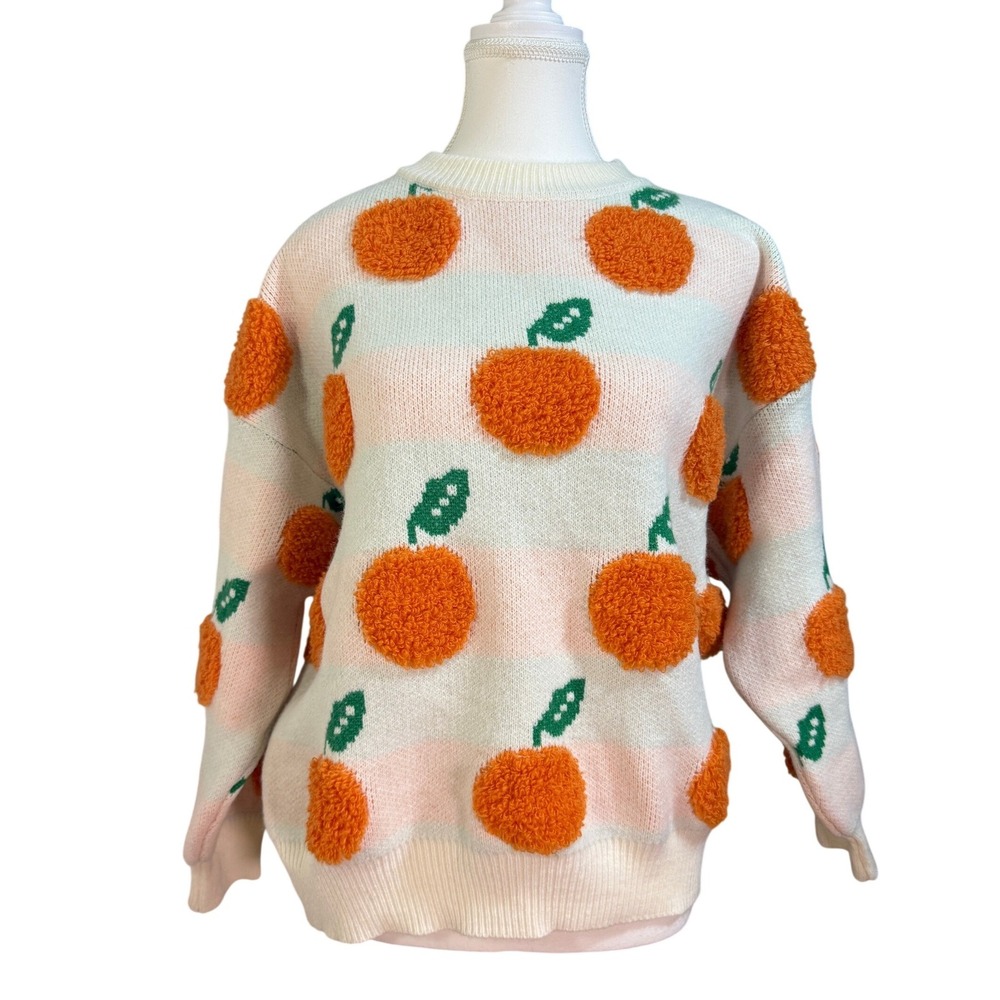 Orange Fruit Sweater Womens Large White Pink 3D Textured Pom Pom Knit